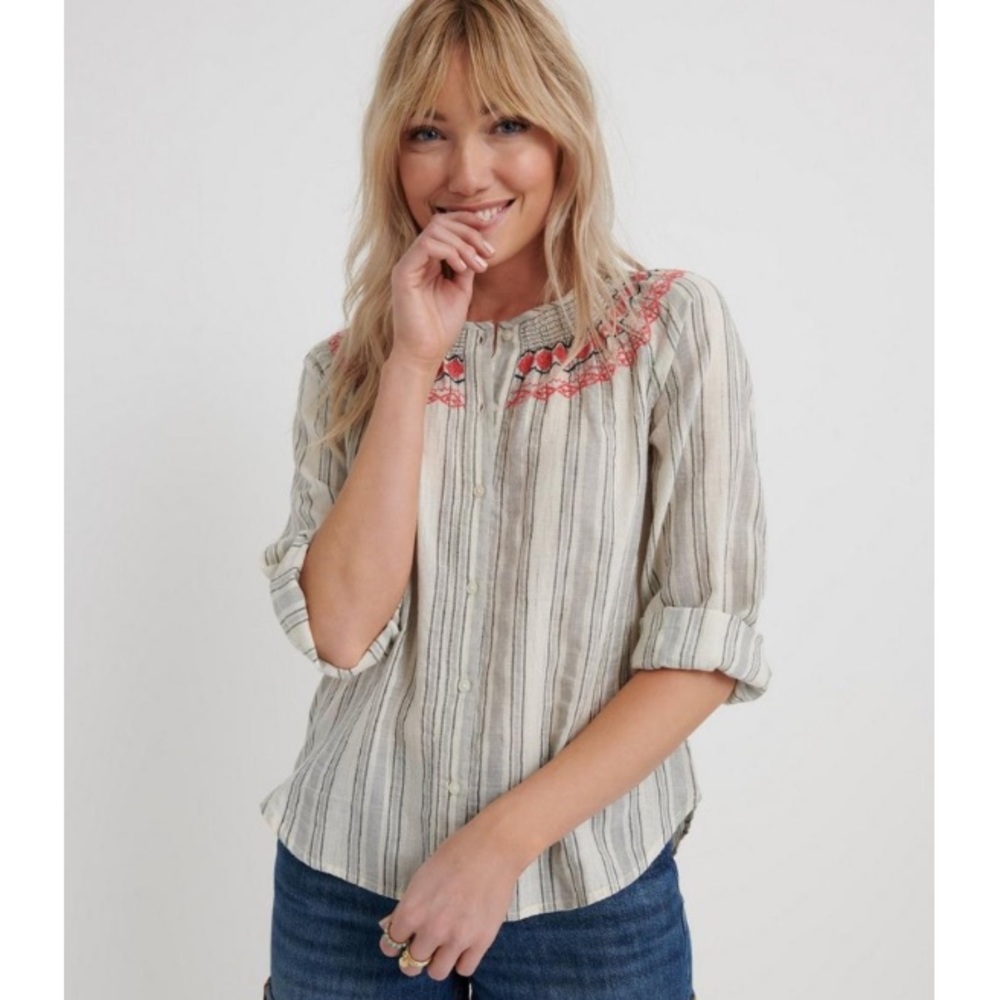 Lucky Brand Smocked Embroidered Button Front Peasant Shirt Size Small